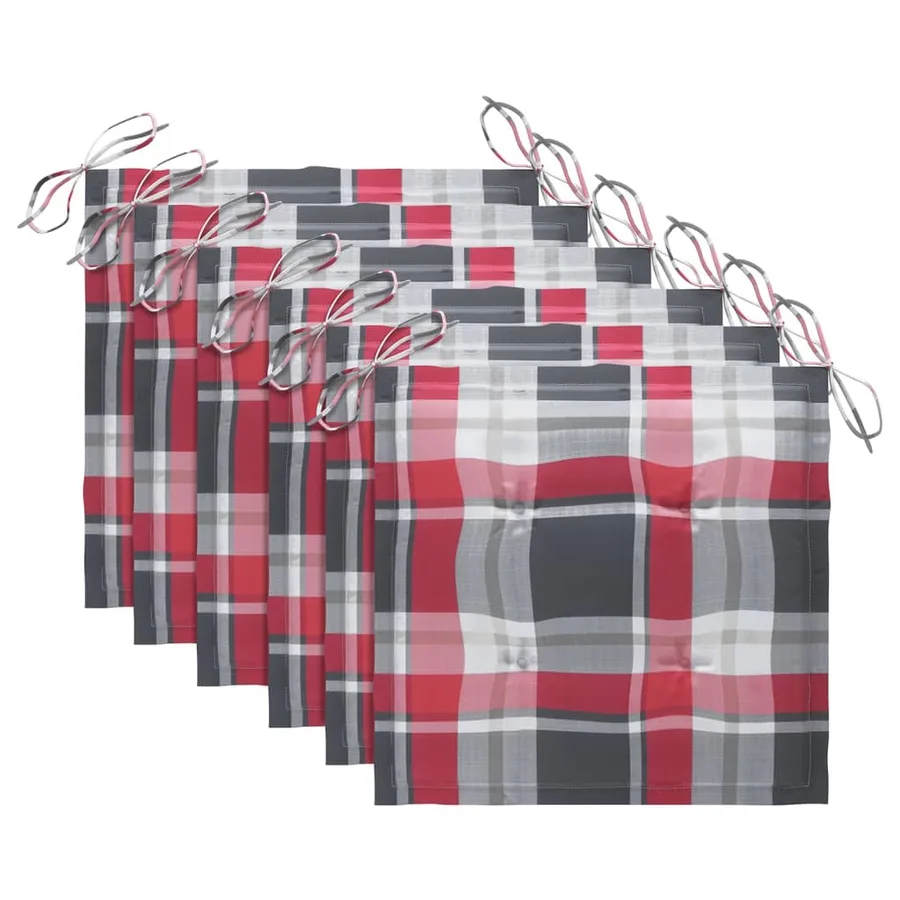 Chaises de jardin lot de 6 et coussins carreaux rouge bois teck - 5
