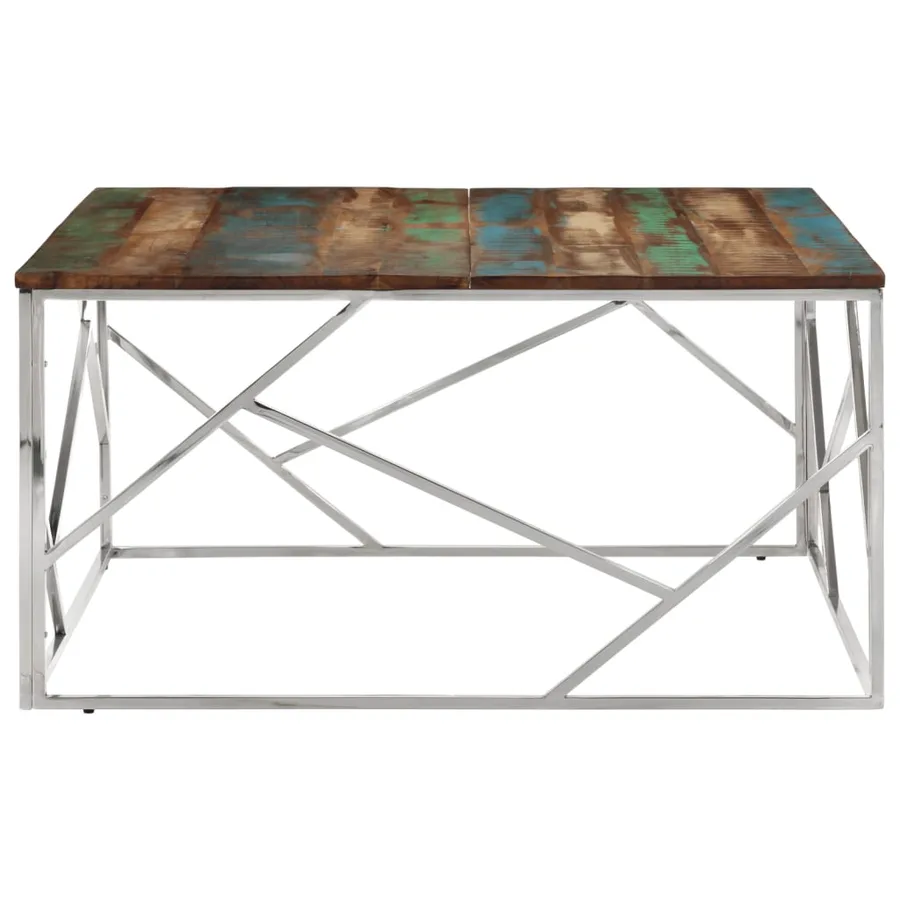 Table basse argenté acier inoxydable/bois massif récupération - 3