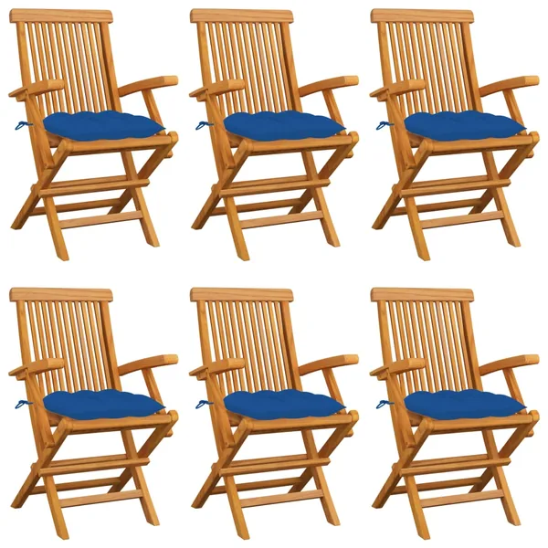 Chaises de jardin avec coussins bleu lot de 6 Bois teck massif