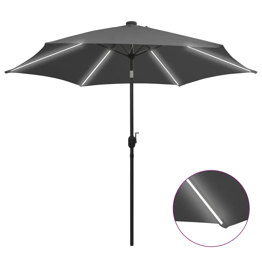 Parasol de jardin et lumières LED mât en aluminium anthracite