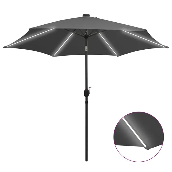 Parasol de jardin et lumières LED mât en aluminium anthracite