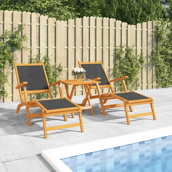Chaises longues d'extérieur et table Acacia massif et textilène