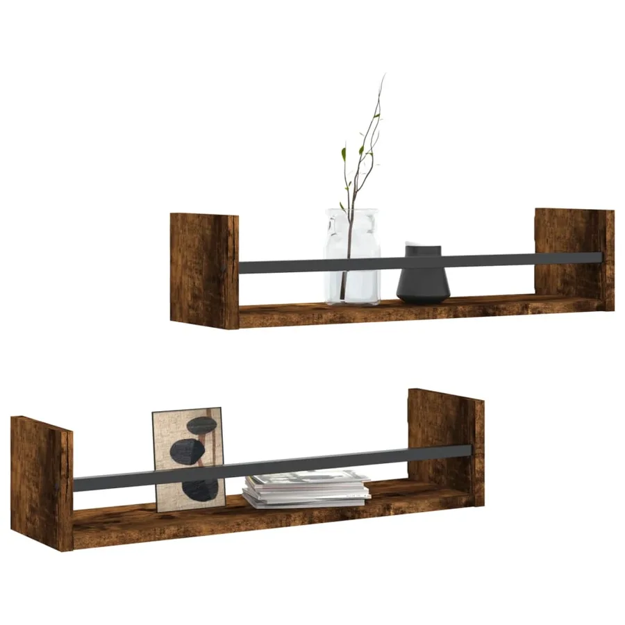 Étagères murales avec barres 2 pcs chêne fumé 60x16x14 cm - 3