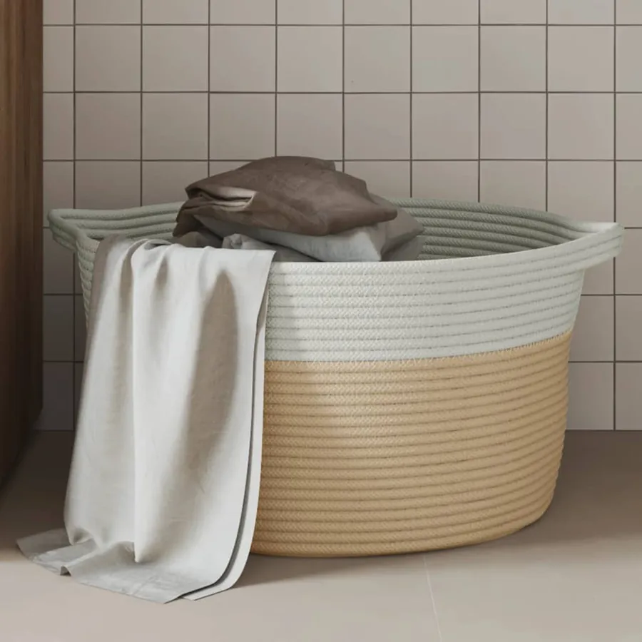 Panier de rangement beige et blanc Ø40x25 cm coton