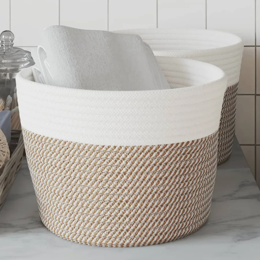 Paniers de rangement 2 pcs marron et blanc Ø24x18 cm coton
