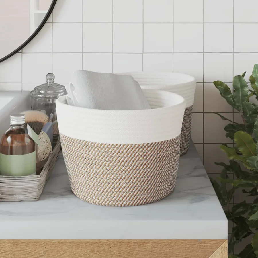 Paniers de rangement 2 pcs marron et blanc Ø24x18 cm coton - 3