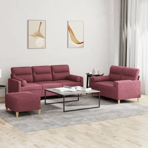 Ensemble de canapés 3 pcs avec coussins rouge bordeaux tissu