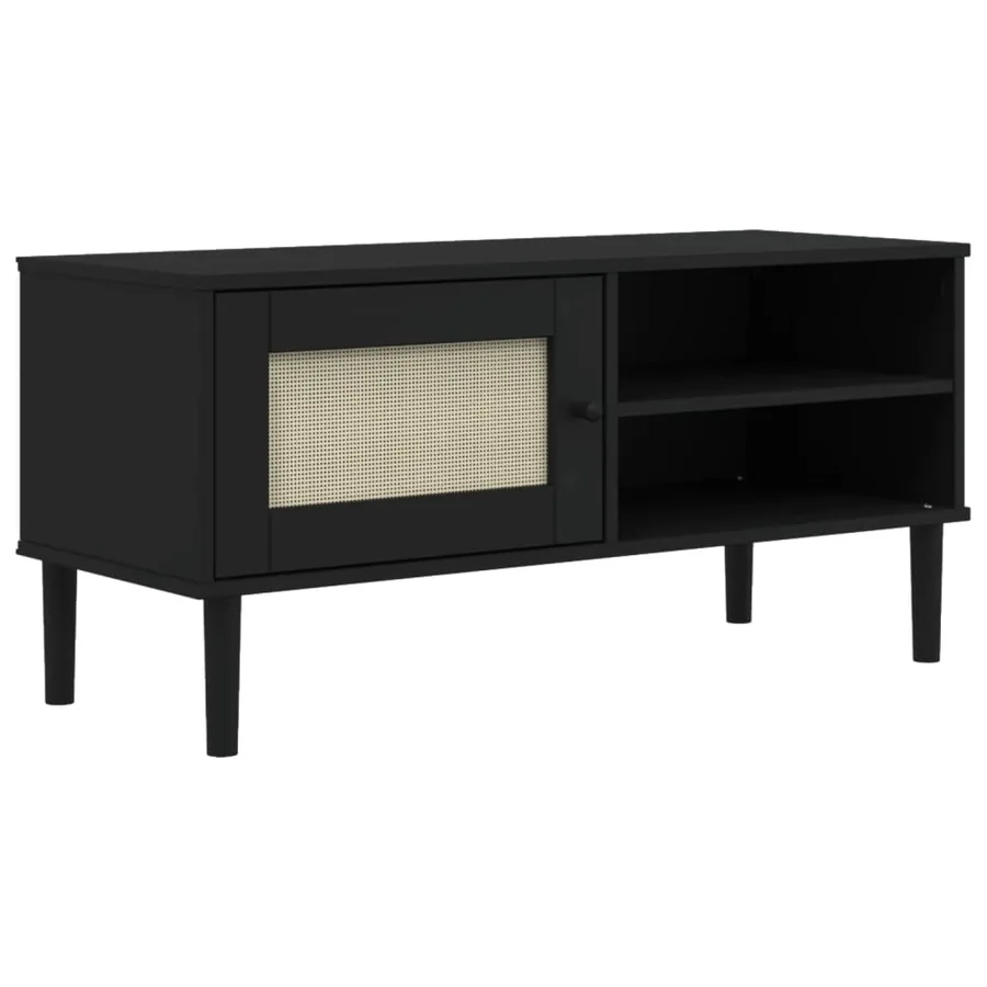 Meuble TV SENJA aspect rotin noir 106x40x49cm bois massif pin - 2