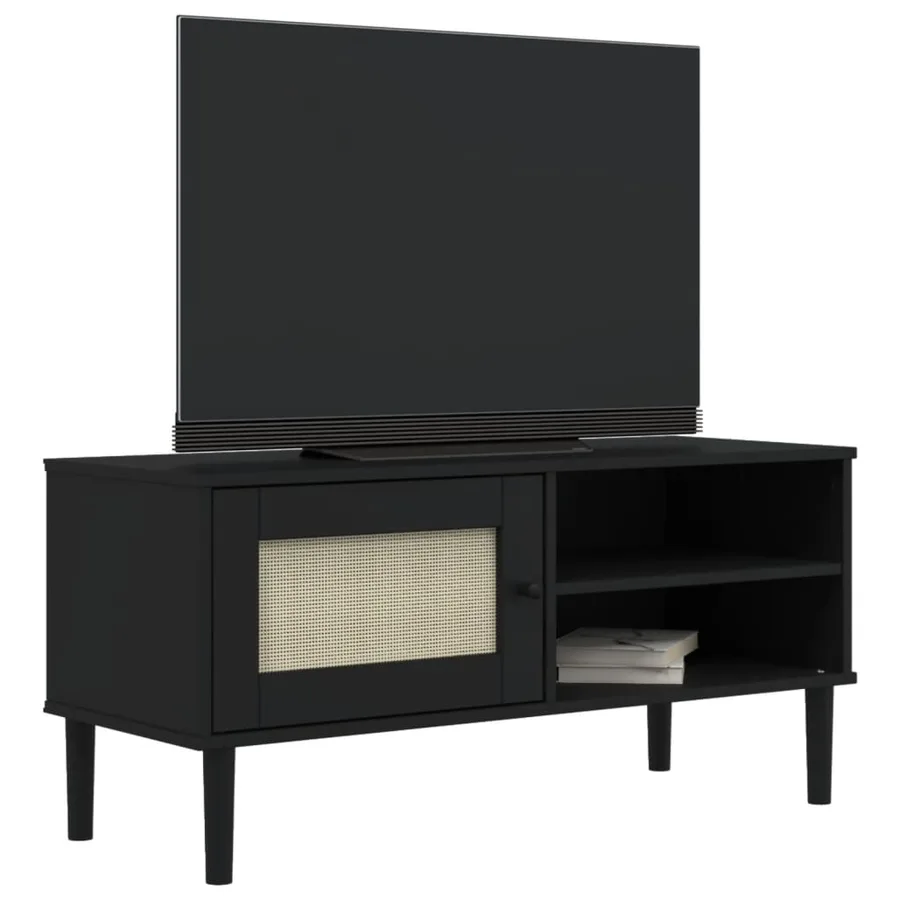 Meuble TV SENJA aspect rotin noir 106x40x49cm bois massif pin - 3