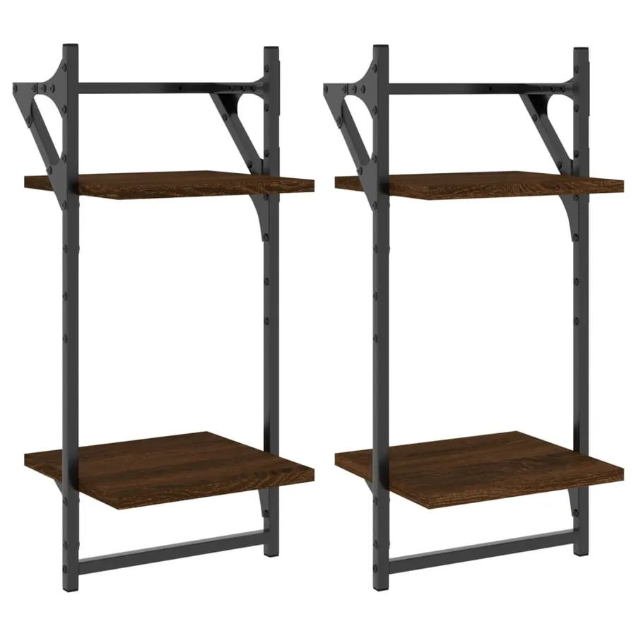 Étagères murales à 2 niveaux avec barres 2 pcs chêne marron - 2