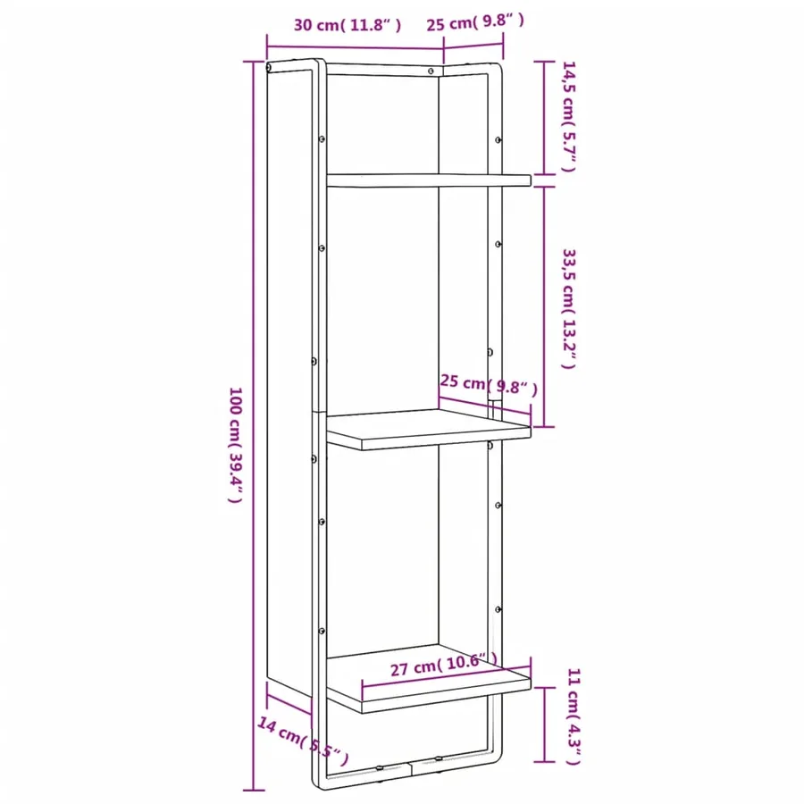 Étagère murale 3 niveaux sonoma gris 30x25x100 cm - 8