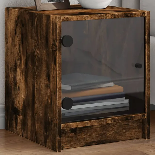 Tables de chevet et portes vitrées 2 pcs chêne fumé 35x37x42 cm
