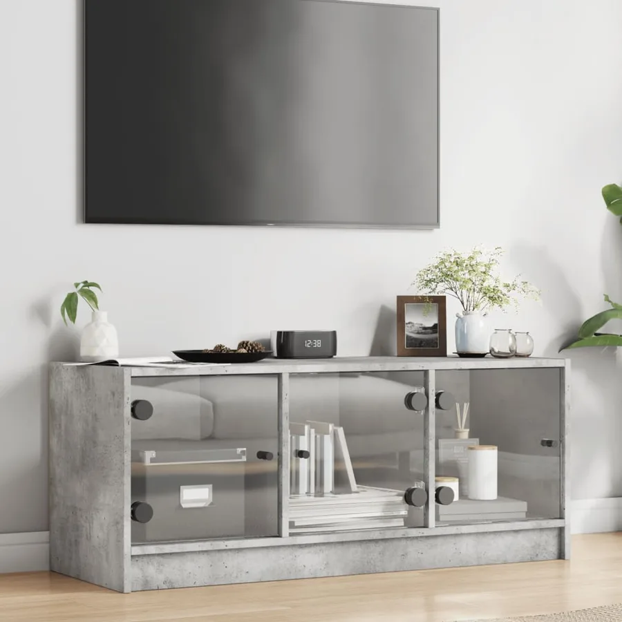 Meuble TV avec portes en verre gris béton 102x37x42 cm - 3