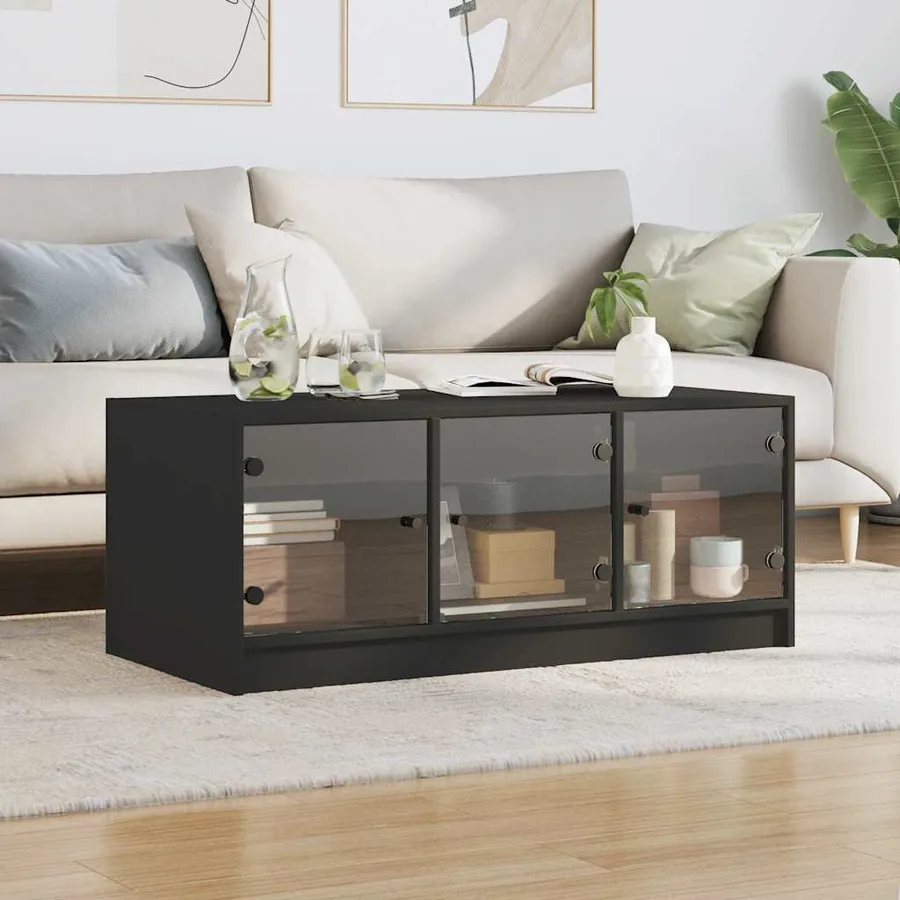 Table basse avec portes en verre noir 102x50x42 cm - 3