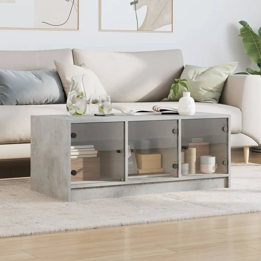Table basse avec portes en verre gris béton 102x50x42 cm - 3
