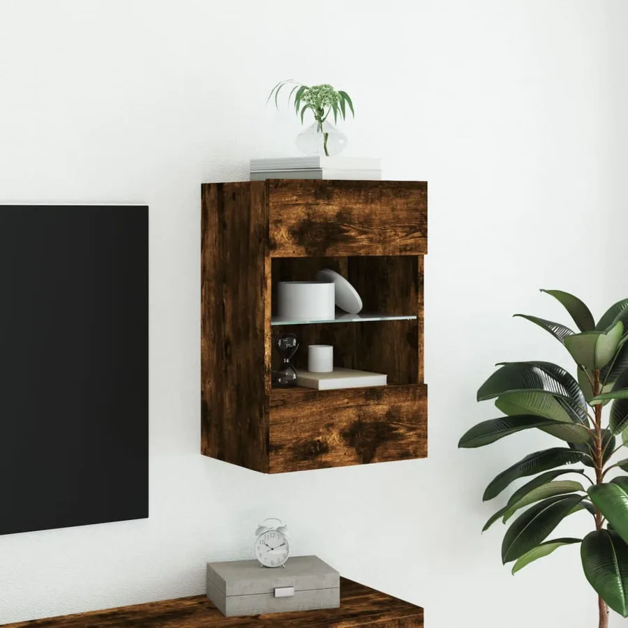 Meuble TV mural avec lumières LED chêne fumé 40x30x60,5 cm - 4