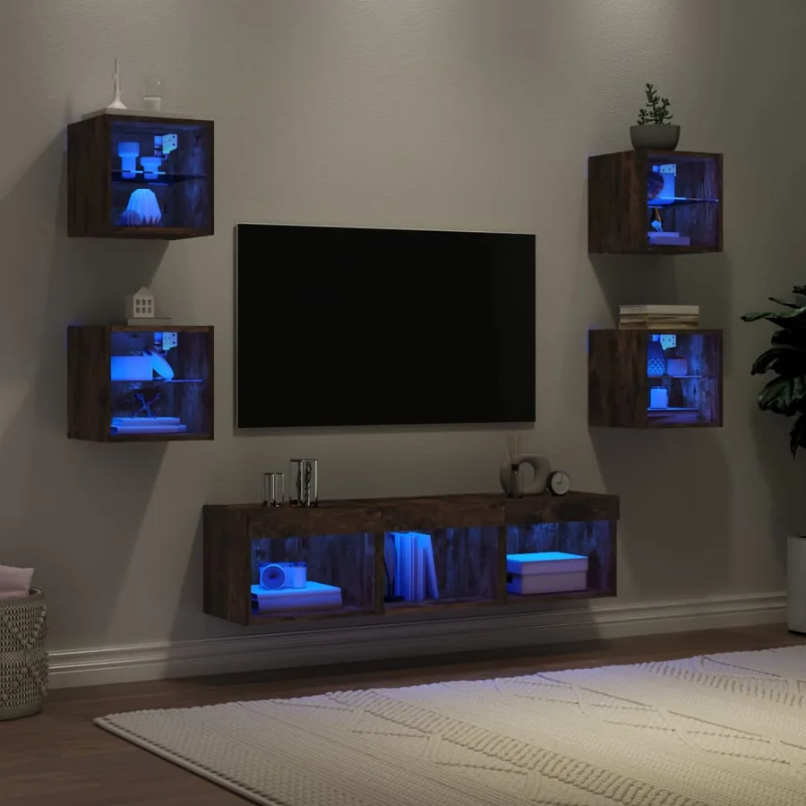 Unités murales TV avec LED 7 pcs chêne fumé bois d'ingénierie