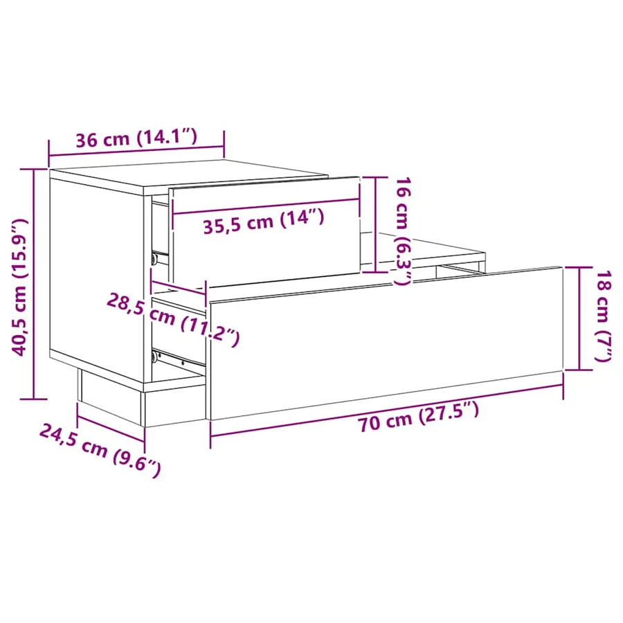 Table de chevet avec lumières LED noir 70x36x40,5 cm - 15