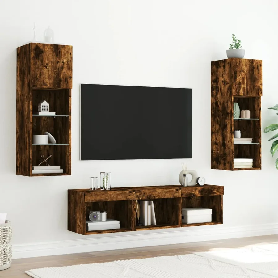 Unités murales TV avec LED 5 pcs chêne fumé bois d'ingénierie - 3