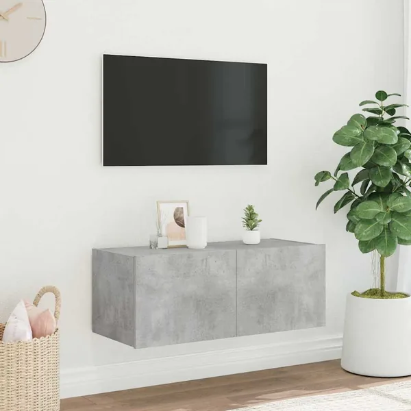 Meuble TV mural avec lumières LED gris béton 80x35x31 cm