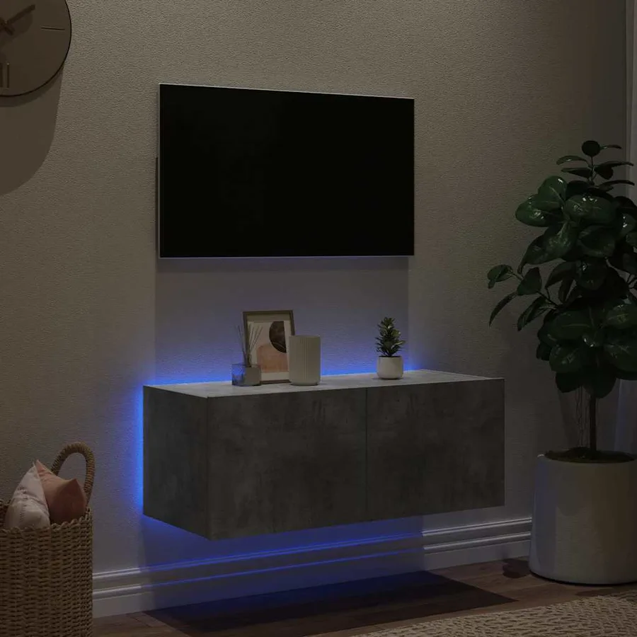 Meuble TV mural avec lumières LED gris béton 80x35x31 cm - 3