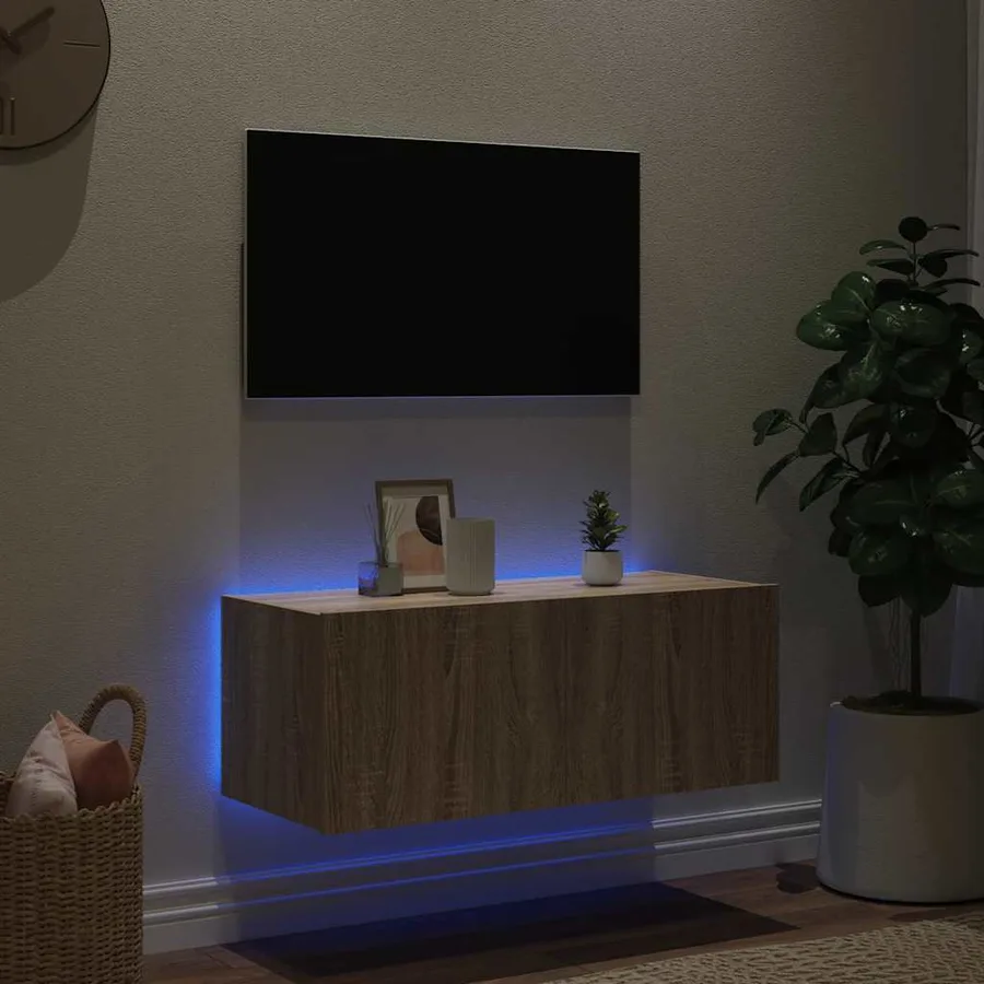 Meuble TV mural avec lumières LED chêne sonoma 80x35x31 cm - 3