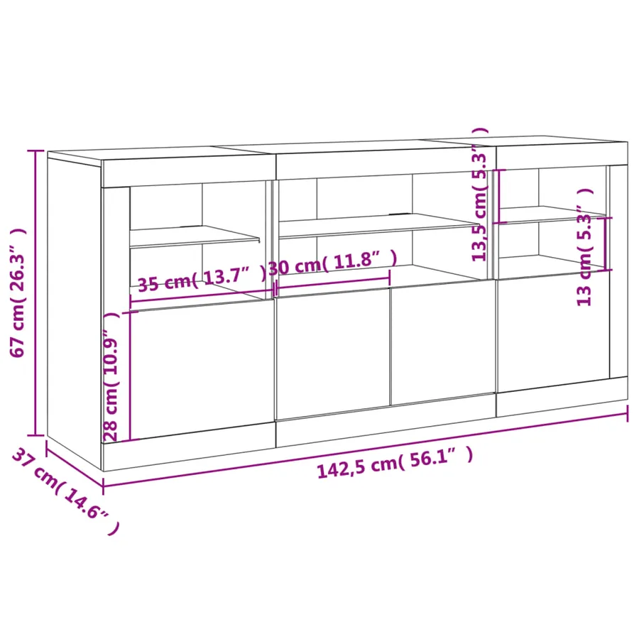 Buffet avec lumières LED chêne fumé 142,5x37x67 cm - 17