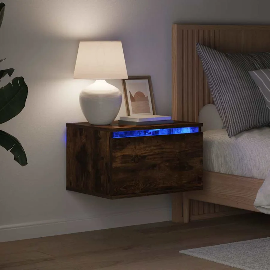 Tables de chevet murales avec lumières LED 2 pcs chêne fumé