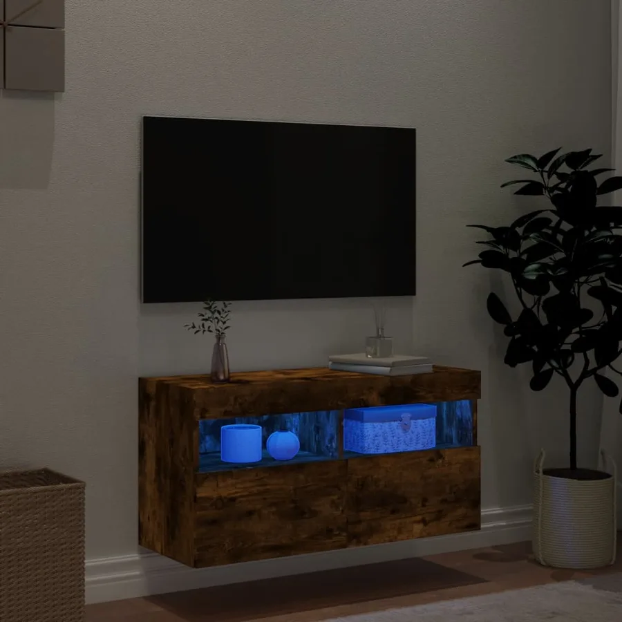Meuble TV mural avec lumières LED chêne fumé 80x30x40 cm - 4
