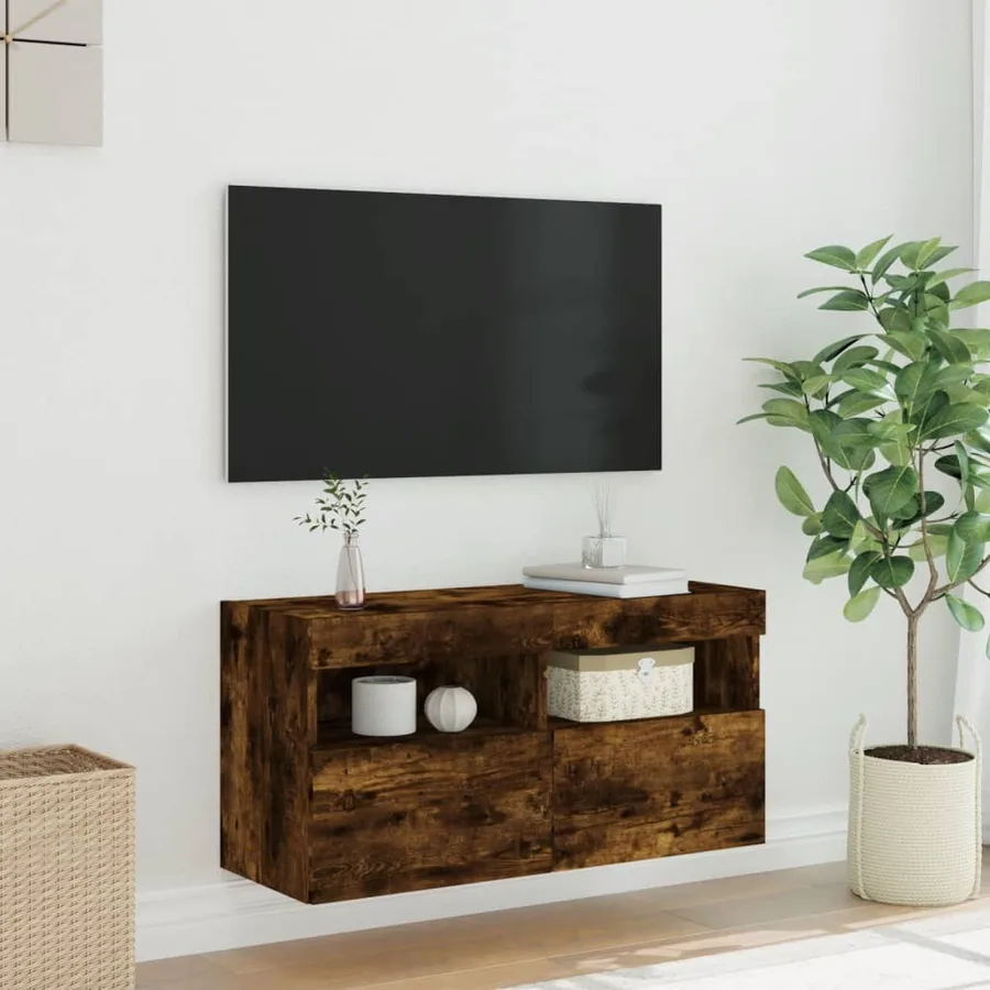 Meuble TV mural avec lumières LED chêne fumé 80x30x40 cm - 5