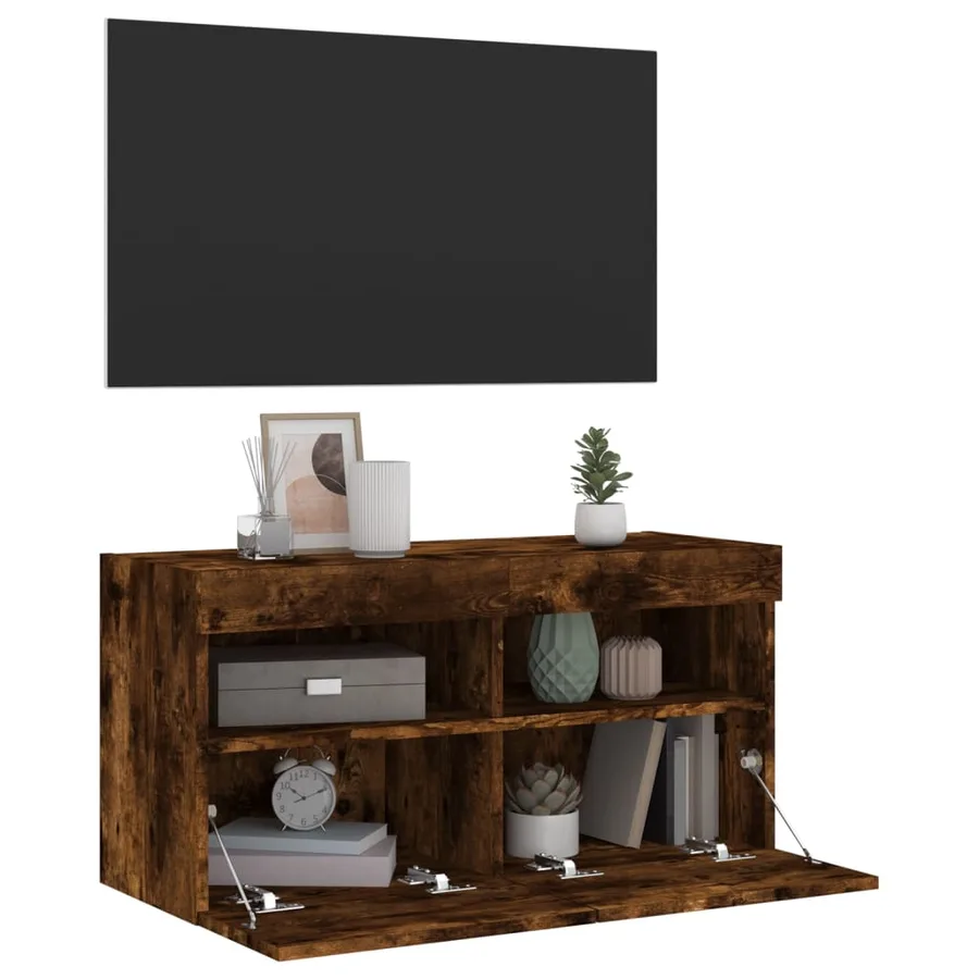 Meuble TV mural avec lumières LED chêne fumé 80x30x40 cm - 7