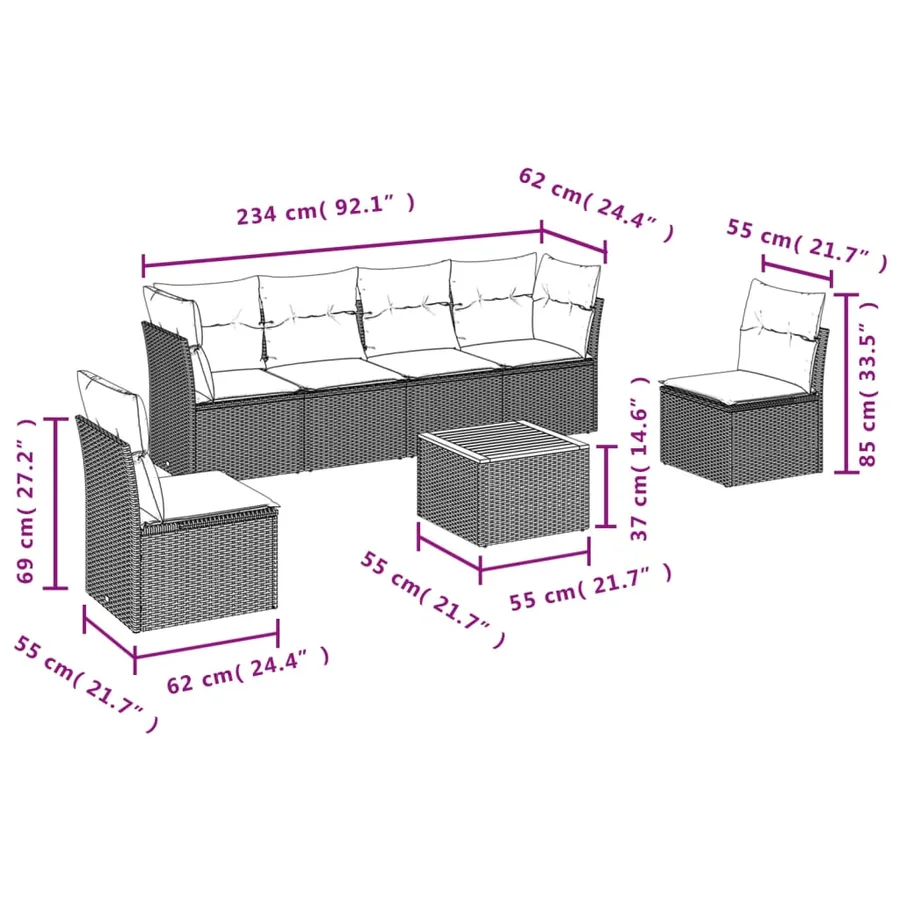 Salon de jardin 7 pcs avec coussins noir résine tressée 62 x 62 x 69 cm - 53,8 kg - 3