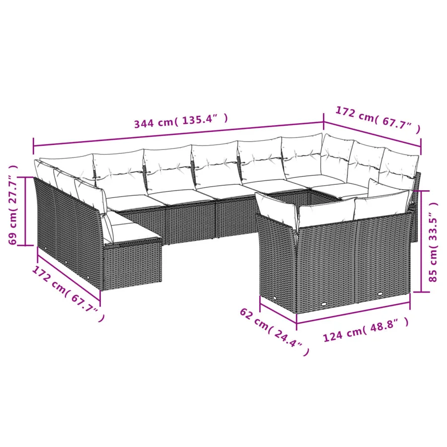 Salon de jardin 12 pcs avec coussins noir résine tressée - 3