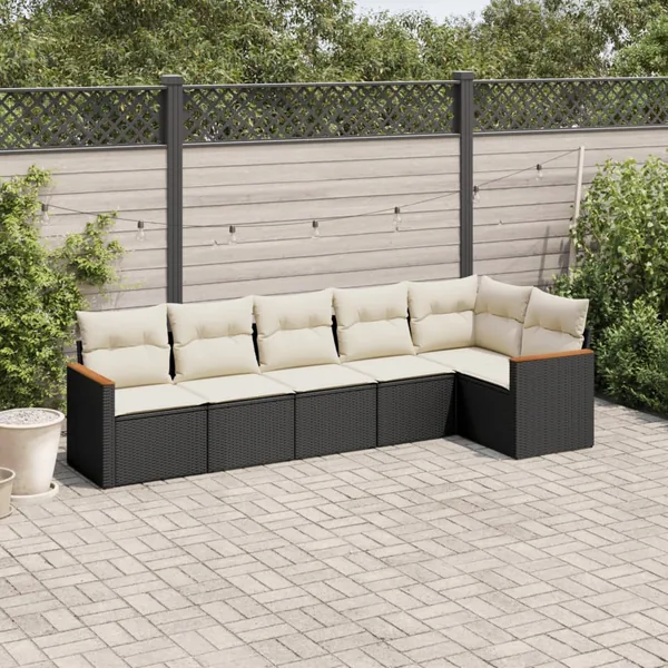 Salon de jardin 6 pcs avec coussins noir résine tressée