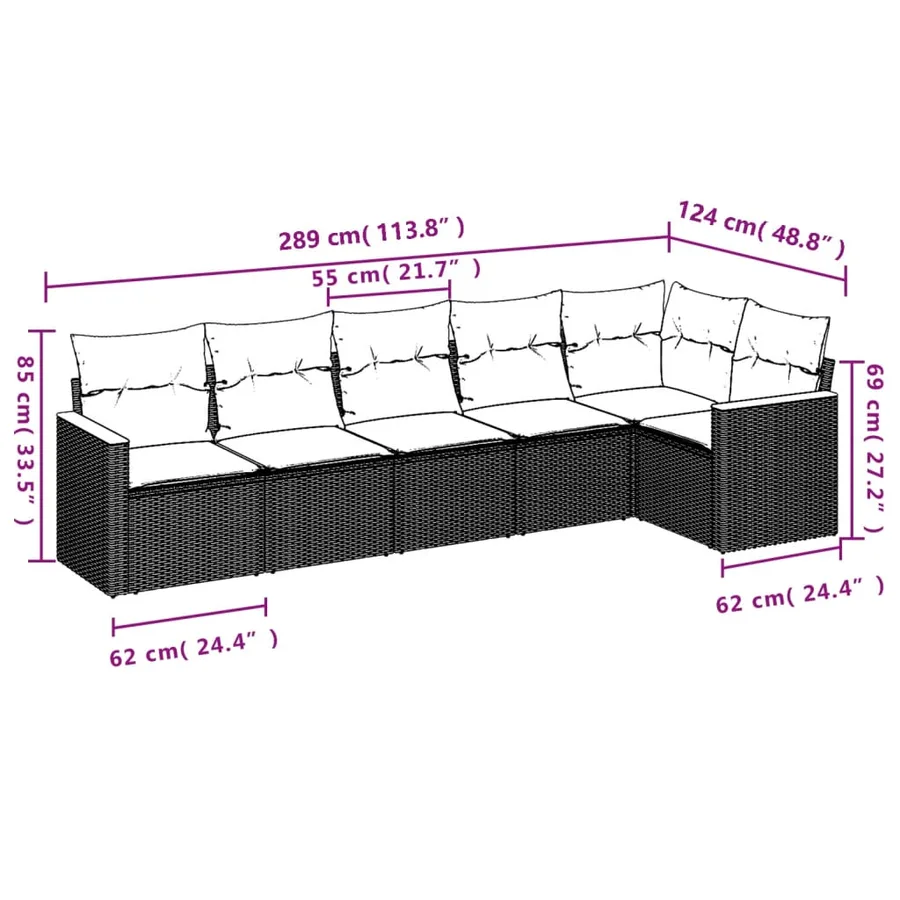 Salon de jardin 6 pcs avec coussins noir résine tressée - 7