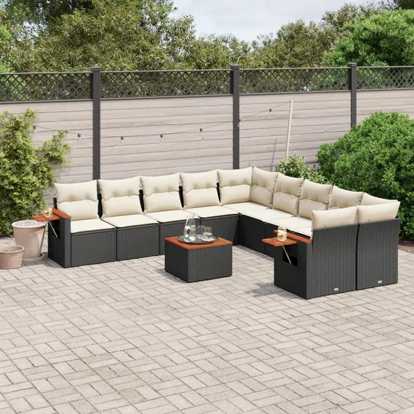 Salon de jardin 11 pcs avec coussins noir résine tressée