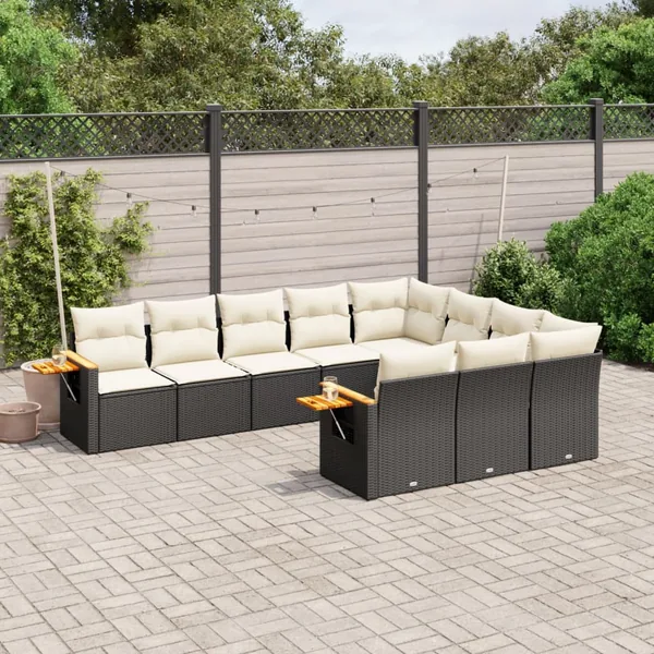 Salon de jardin 10 pcs avec coussins noir résine tressée