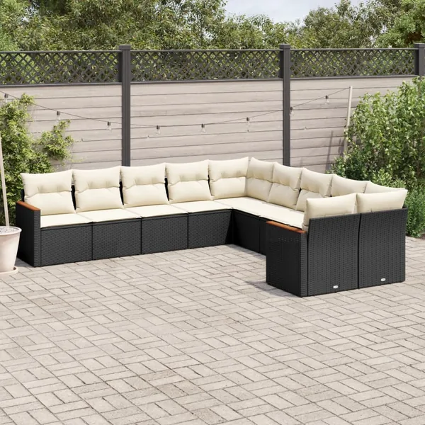 Salon de jardin 10 pcs avec coussins noir résine tressée
