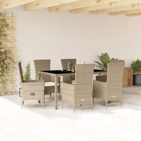 Ensemble à manger de jardin et coussins 7 pcs beige poly rotin