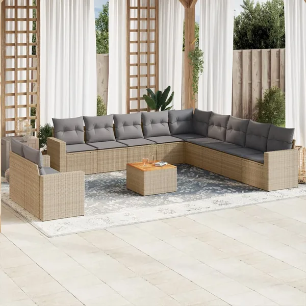 Salon de jardin avec coussins 12 pcs beige résine tressée