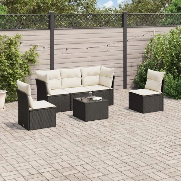 Salon de jardin 6 pcs avec coussins noir résine tressée