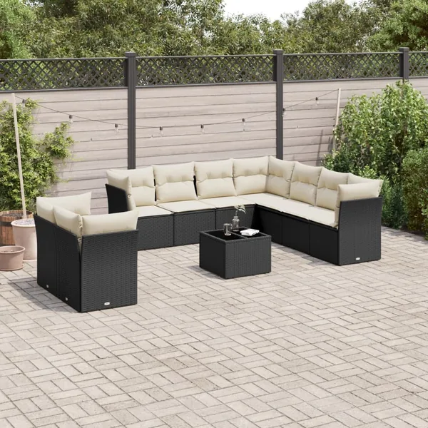 Salon de jardin 10 pcs avec coussins noir résine tressée