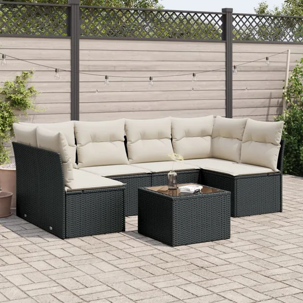 Salon de jardin 7 pcs avec coussins noir résine tressée 62 x 62 x 69 cm - 54,6 kg