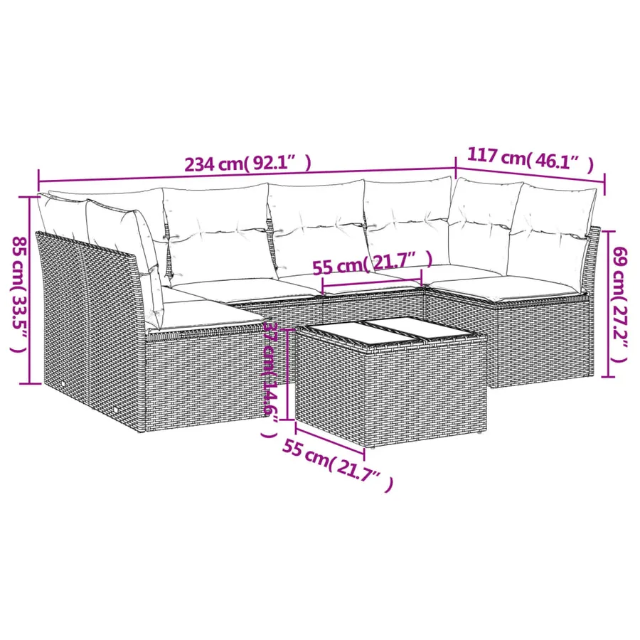 Salon de jardin 7 pcs avec coussins noir résine tressée 62 x 62 x 69 cm - 54,6 kg - 3