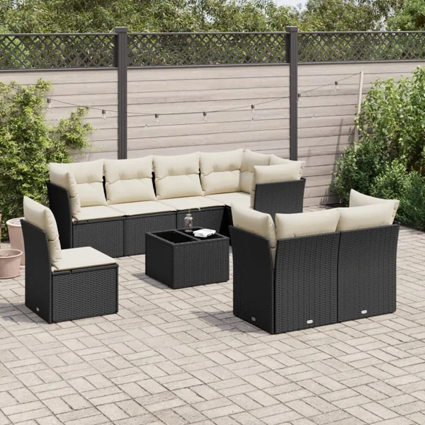 Salon de jardin 9 pcs avec coussins noir résine tressée