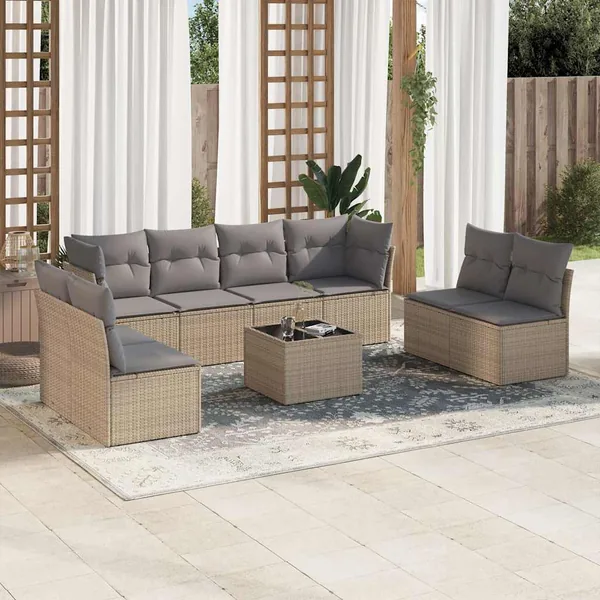 Salon de jardin avec coussins 9 pcs beige résine tressée