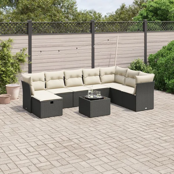 Salon de jardin 9 pcs avec coussins noir résine tressée