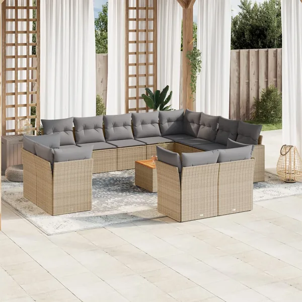Salon de jardin avec coussins 13 pcs beige résine tressée