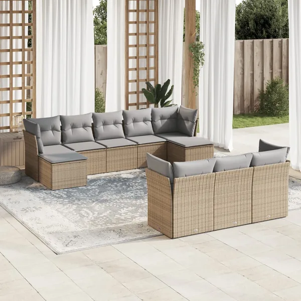 Salon de jardin avec coussins 10 pcs beige résine tressée