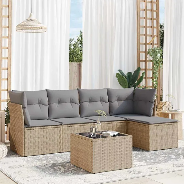Salon de jardin avec coussins 6 pcs beige résine tressée